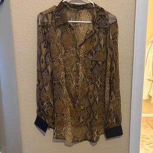 Snake Print Sheer Button-Up Blouse - Brown